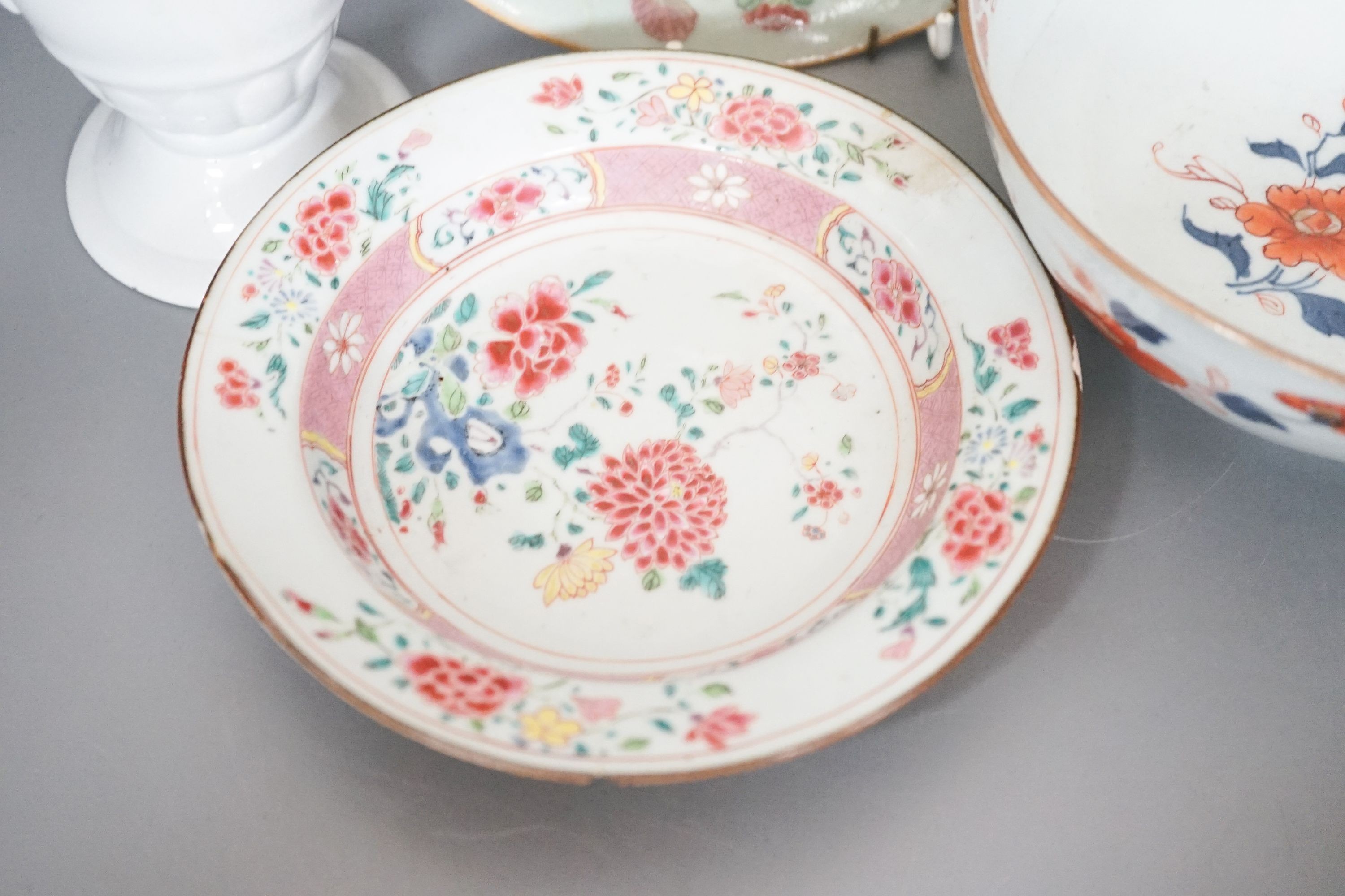 Two 18th century Chinese export porcelain bowls, a 19th century canton decorated dish, 19.5cm and a later ewer (4)
